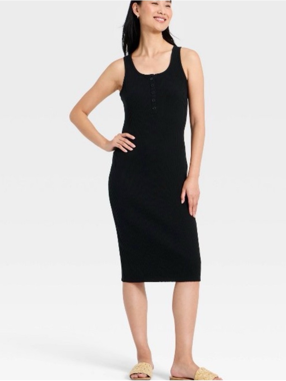 a new day Black Ribbed Sleeveless Henley Midi Dress